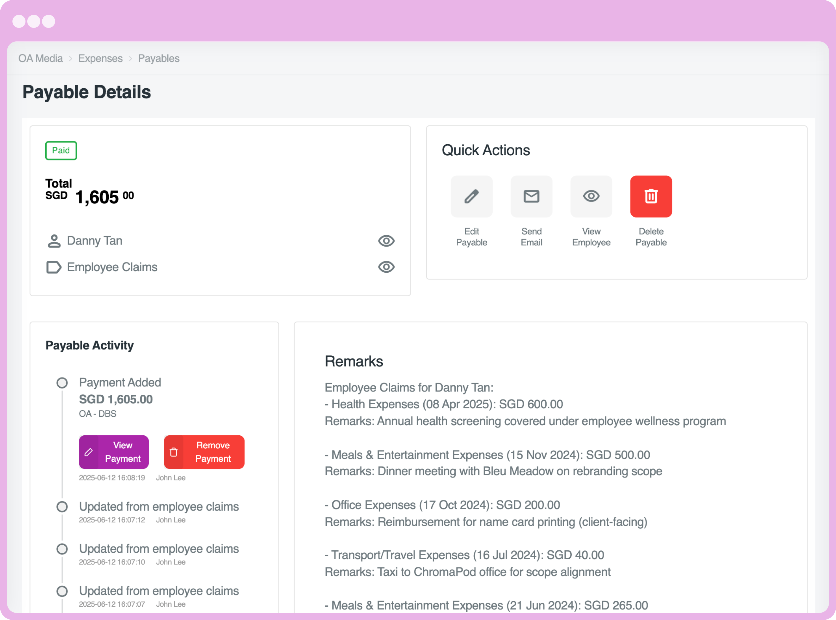 Expense claims linking
